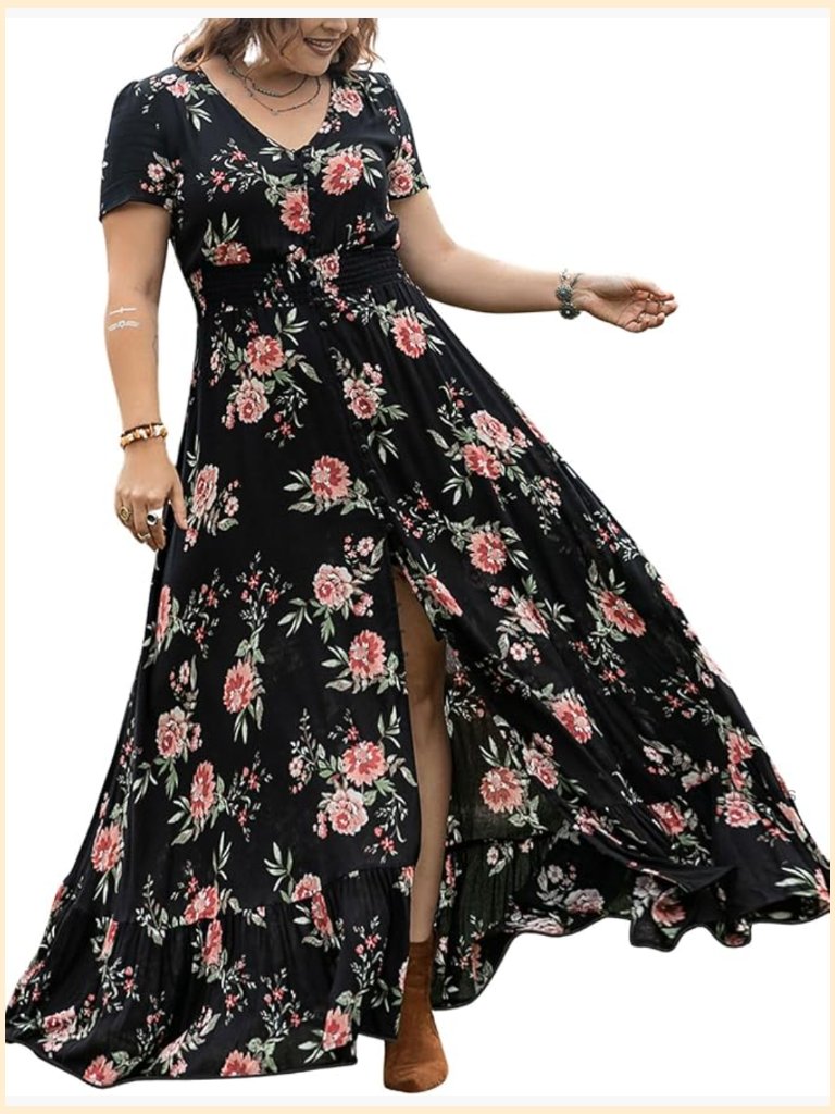 Boho V-Neck Short Sleeve Floral Maxi Dress - Casual